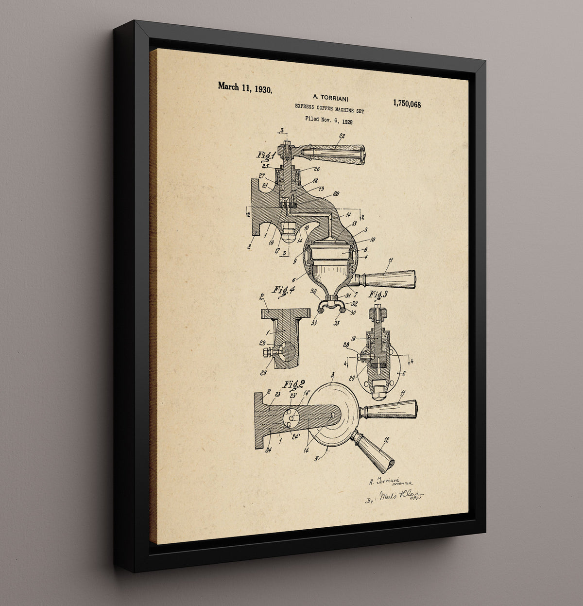 Express Coffee Machine Set - 1930 Patent - 16x20 Framed Canvas
