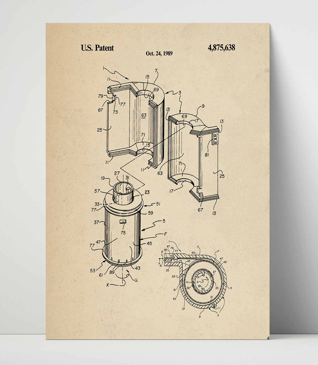 Patent Print - Film Cartridge Assembly - 1989 - Patent 4875638 Patent Wall Art
