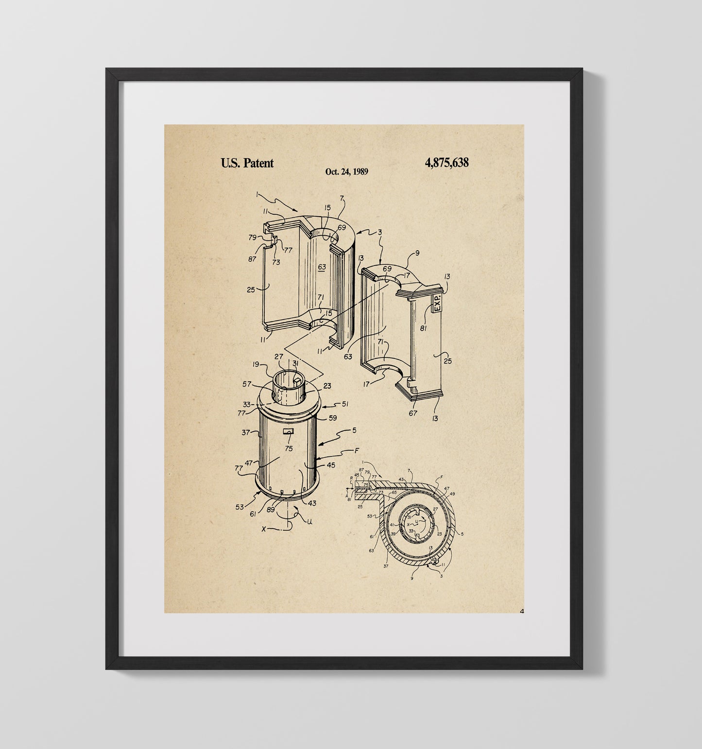 Film Cartridge Assembly 1989 patent print wall art 16x20 Gallery Frame