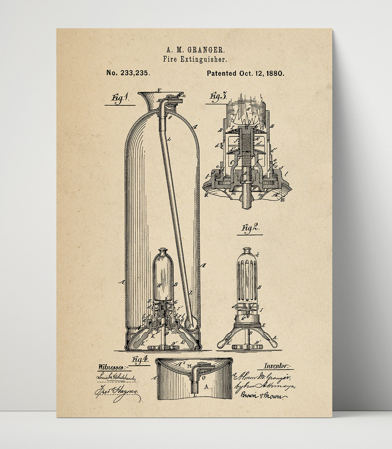 Patent Print - Fire Extinguisher - A. M. Granger - 1880 - Patent 233235 Patent Wall Art
