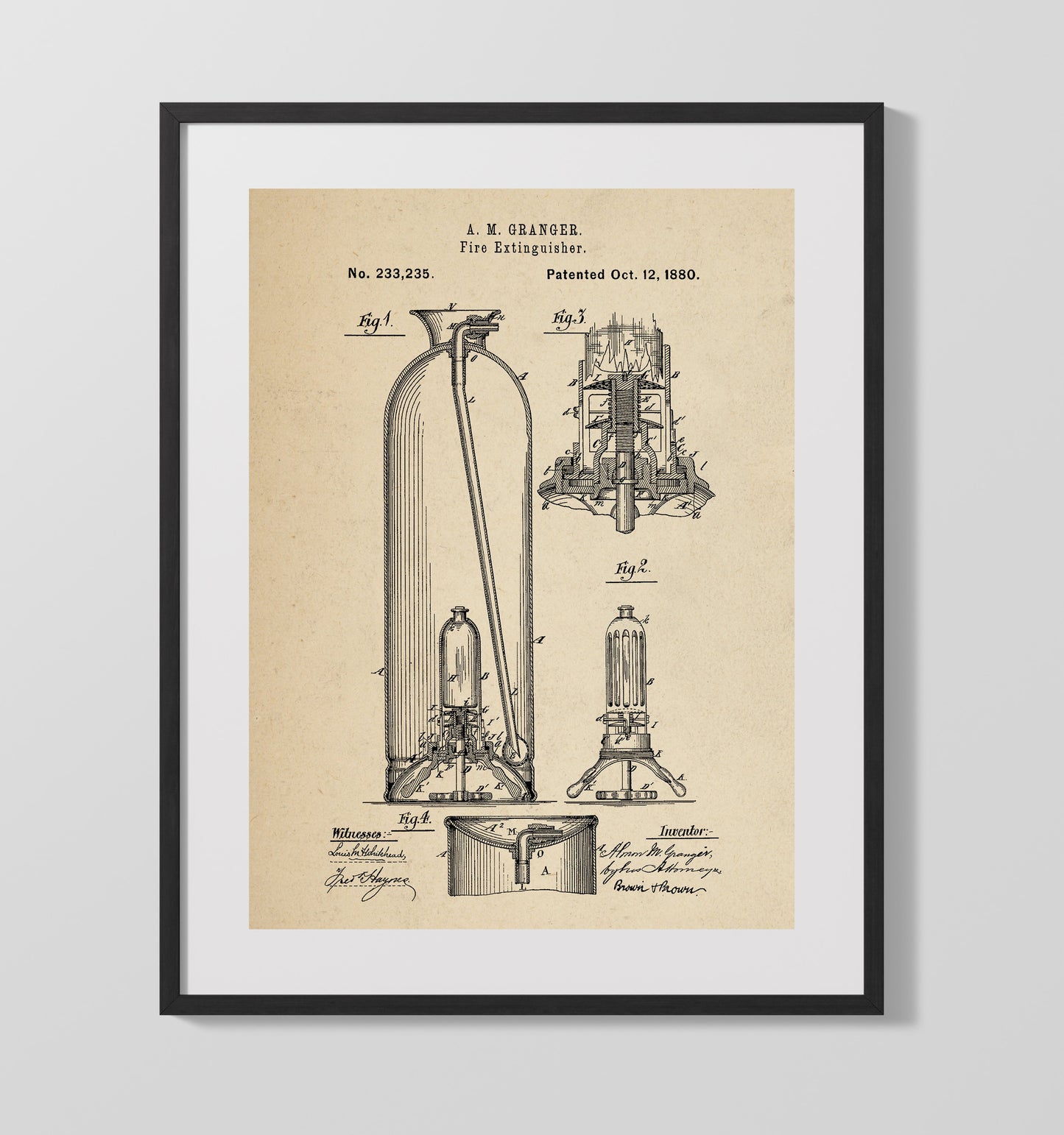 Fire Extinguisher 1880 patent print wall art 16x20 Gallery Frame