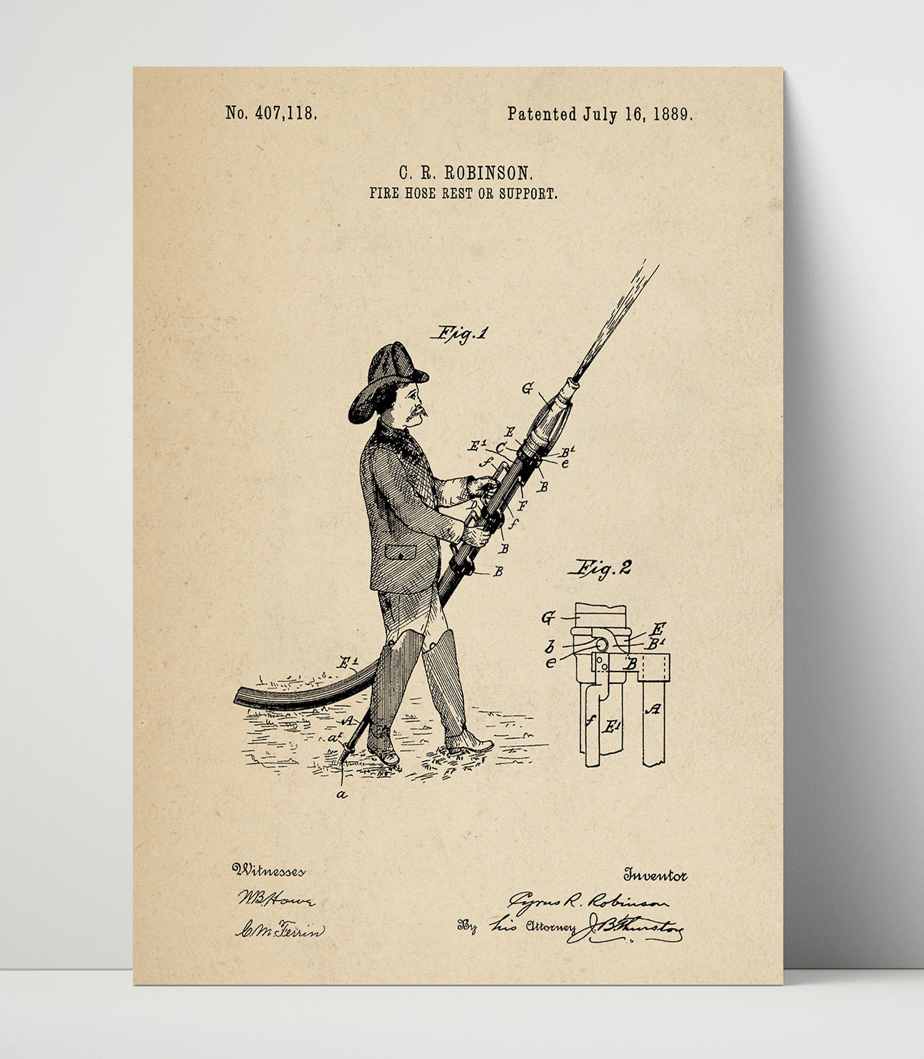 Patent Print - Fire Hose Rest Or Support - Cyrus R. Robinson - 1889 - Patent 407118 Patent Wall Art