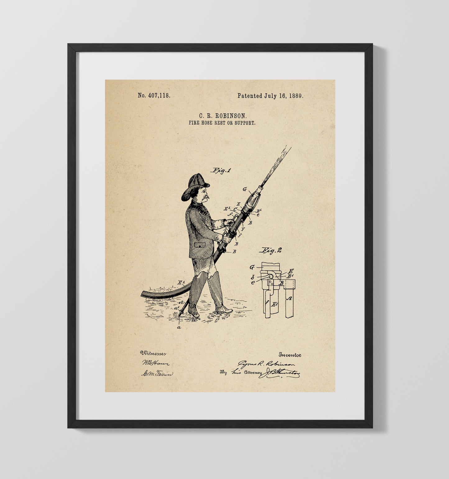 Fire Hose Rest Or Support 1889 patent print wall art 16x20 Gallery Frame