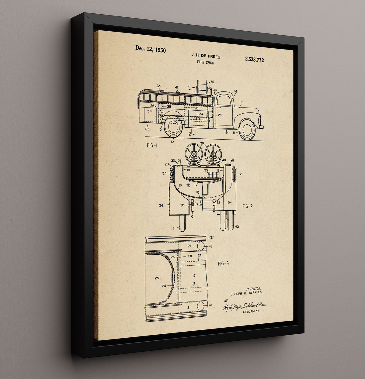 Fire Truck - 1950 Patent - 16x20 Framed Canvas