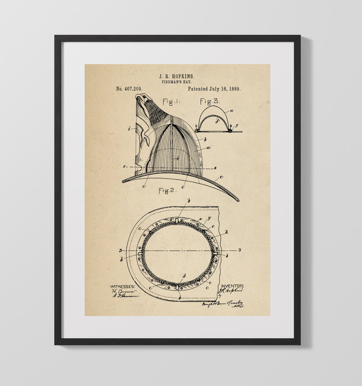 Firemans Hat 1889 patent print wall art 16x20 Gallery Frame