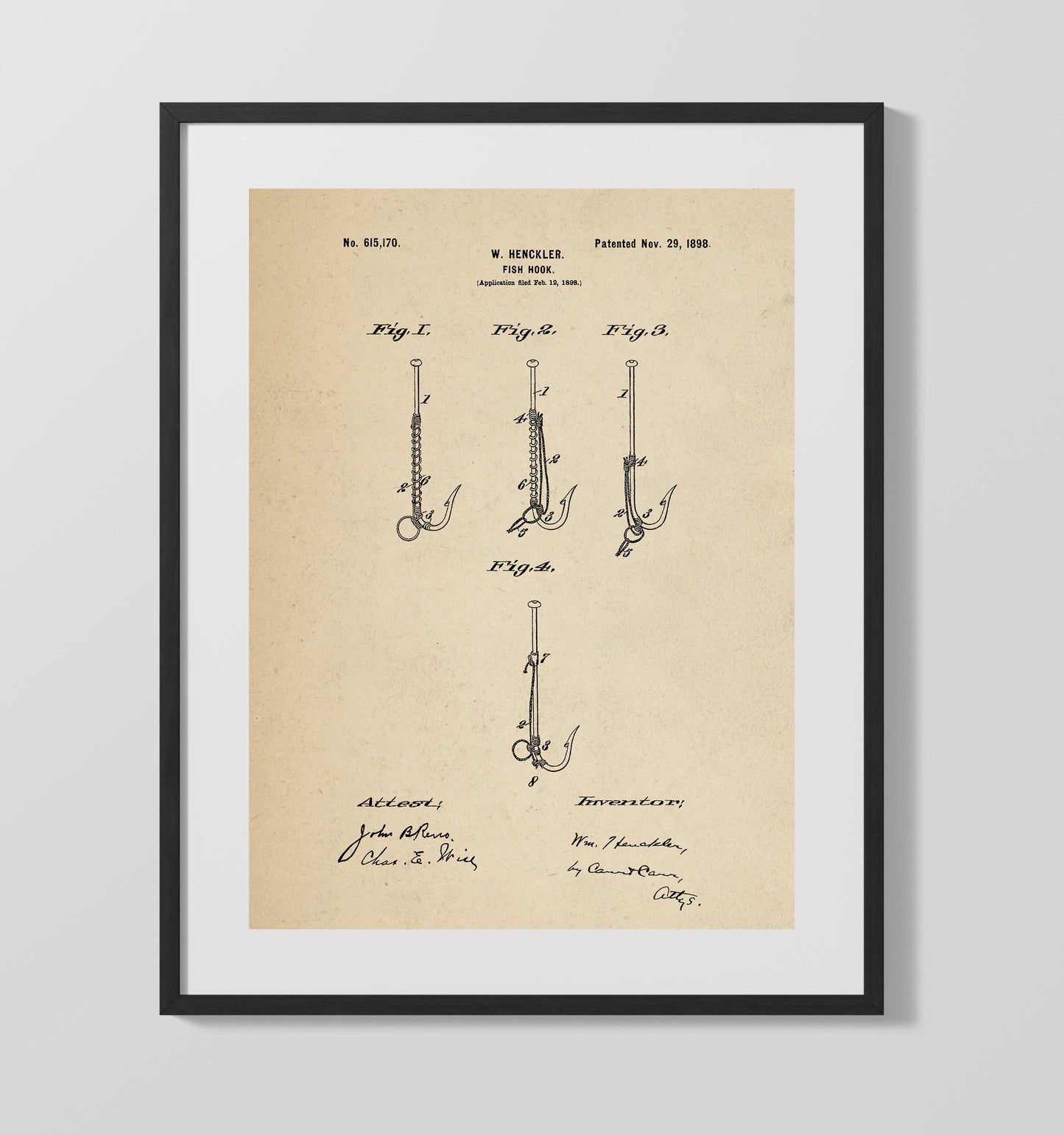 Fish Hook 1898 patent print wall art 16x20 Gallery Frame
