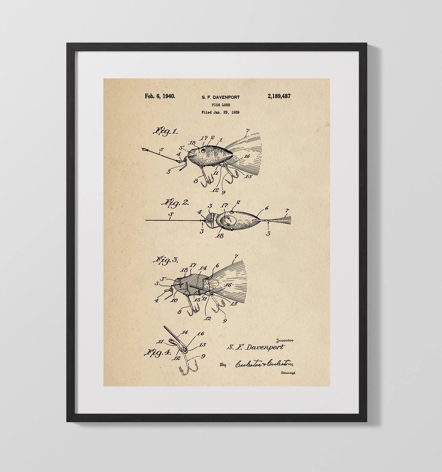 Fish Lure 1940 patent print wall art 16x20 Gallery Frame