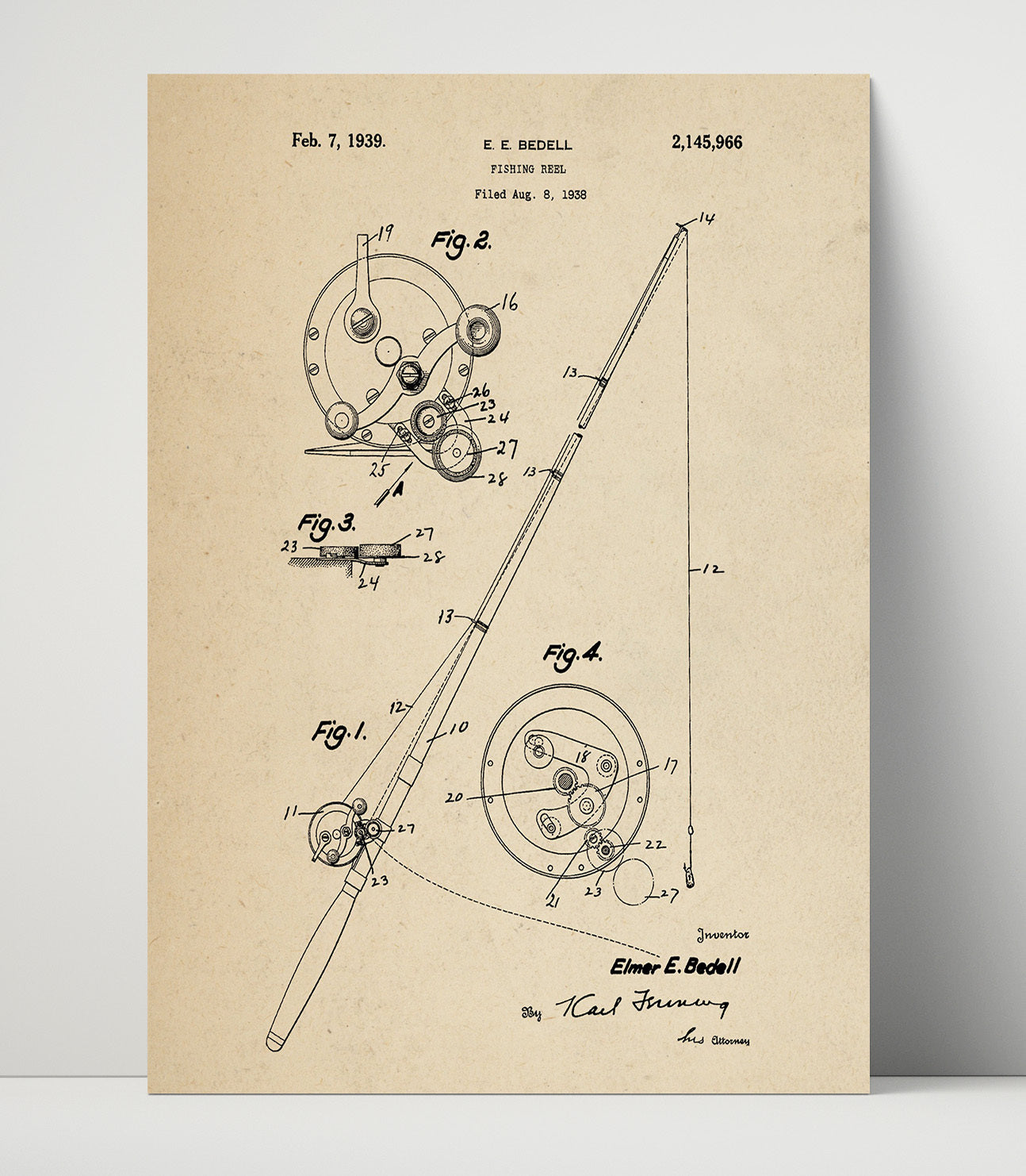 Patent Print - Fishing Reel - Elmer E. Bedell - 1939 - Patent 2145966 Patent Wall Art