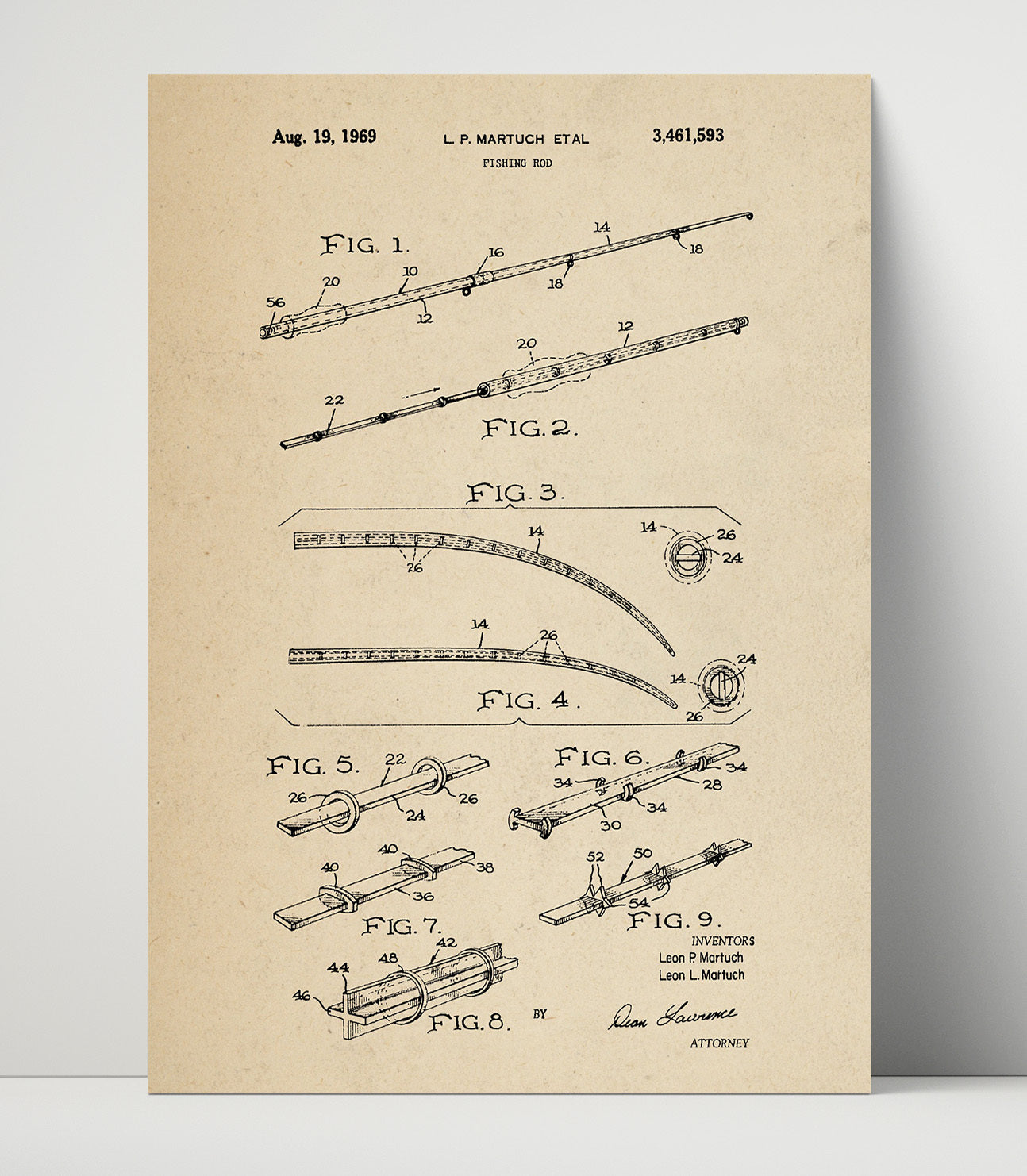 Patent Print - Fishing Rod - Leon P. Martuch And Leon L. Martuch - 1969 - Patent 3461593 Patent Wall Art