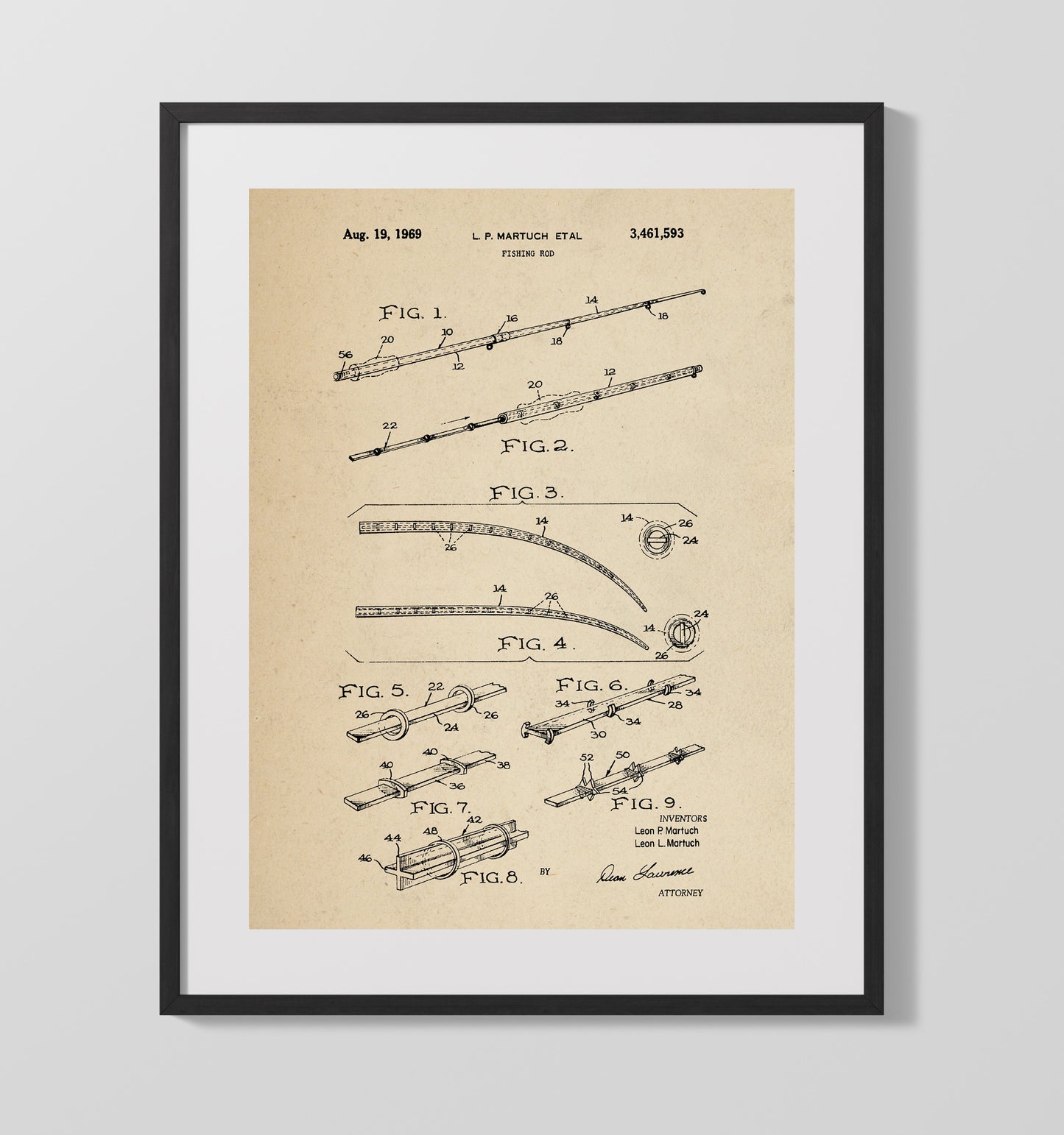 Fishing Rod 1969 patent print wall art 16x20 Gallery Frame