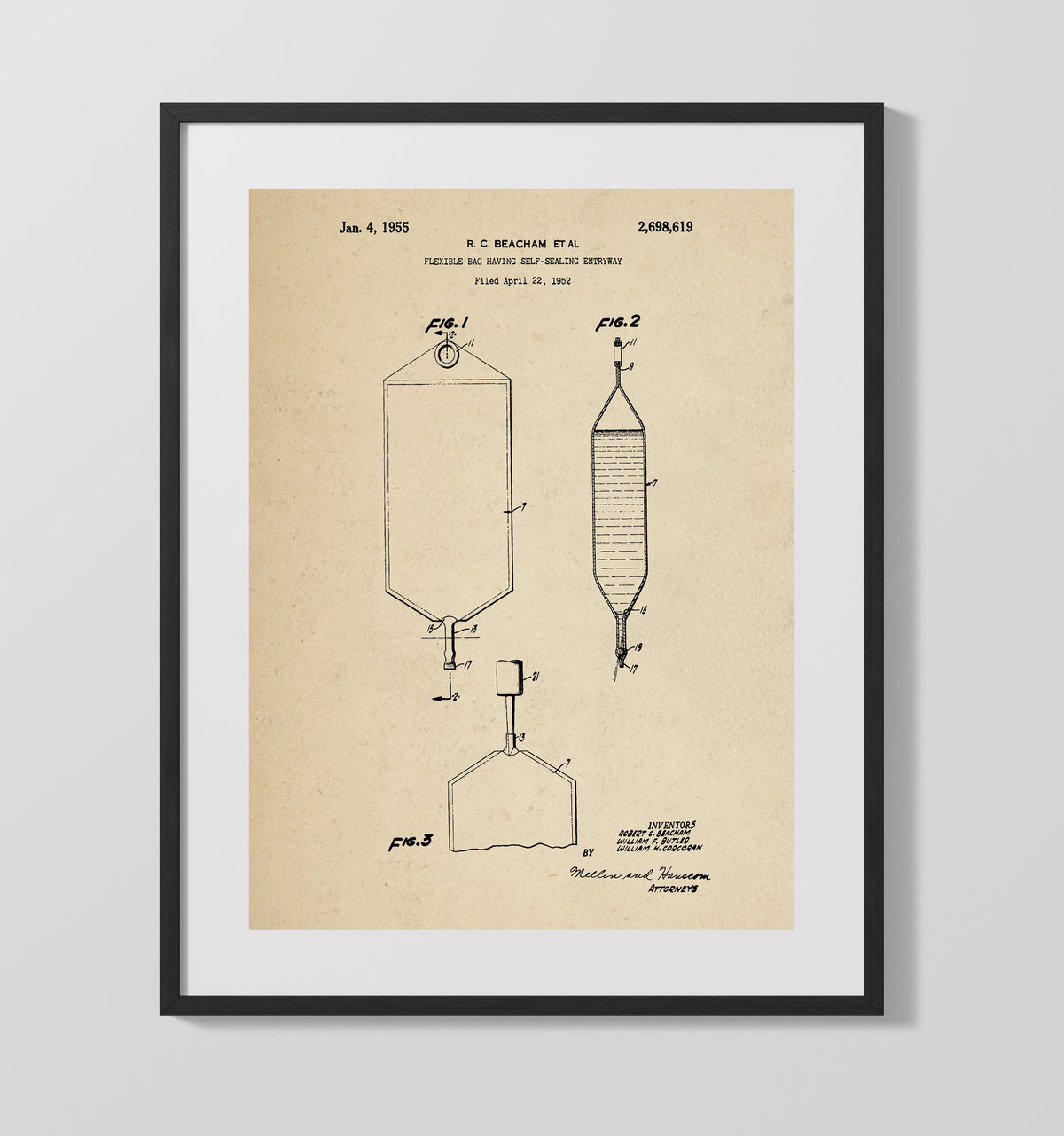 Flexible Bag Having Self-Sealing Entryway 1955 patent print wall art 16x20 Gallery Frame