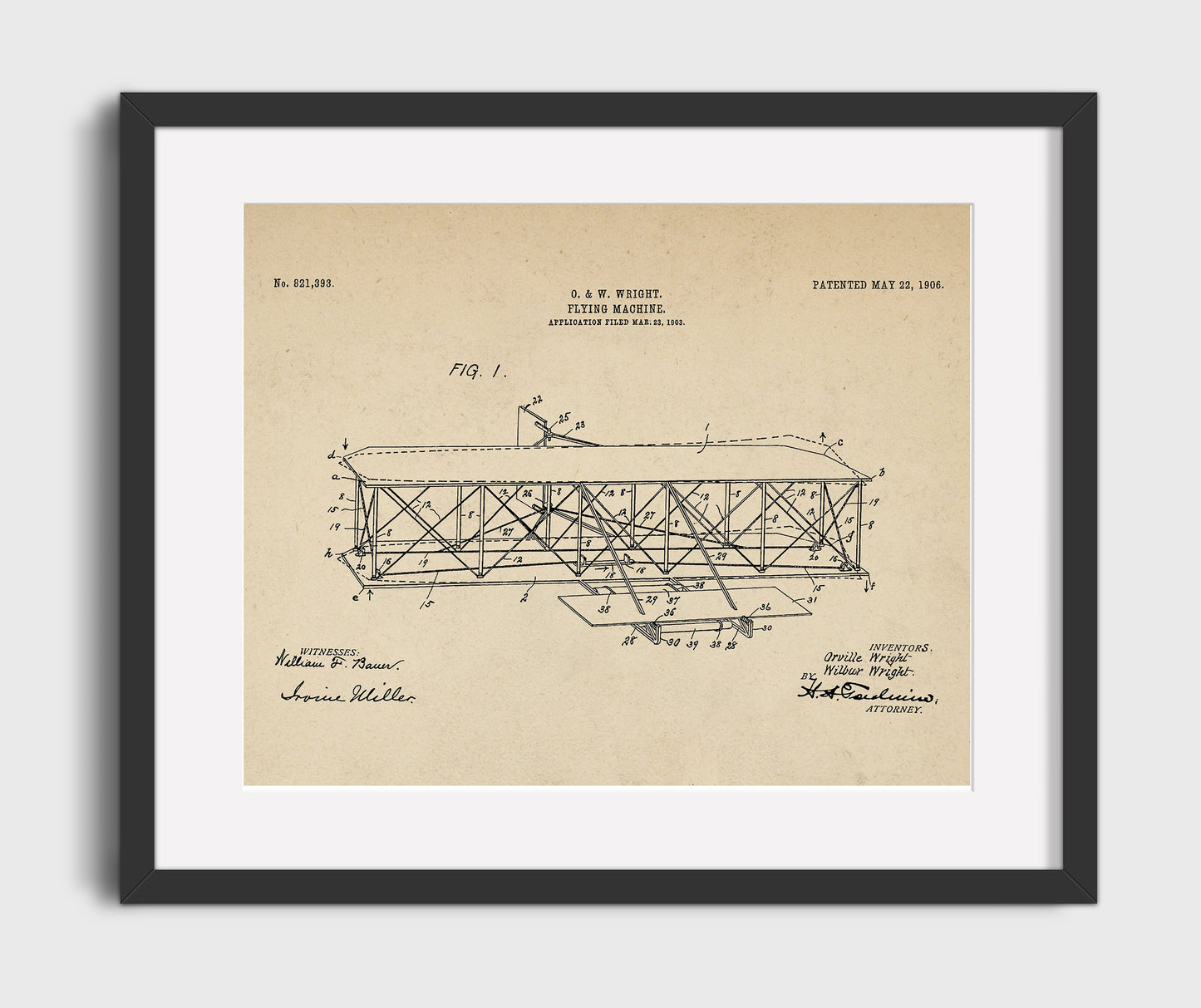 Flying Machine 1906 patent print wall art 16x20 Gallery Frame