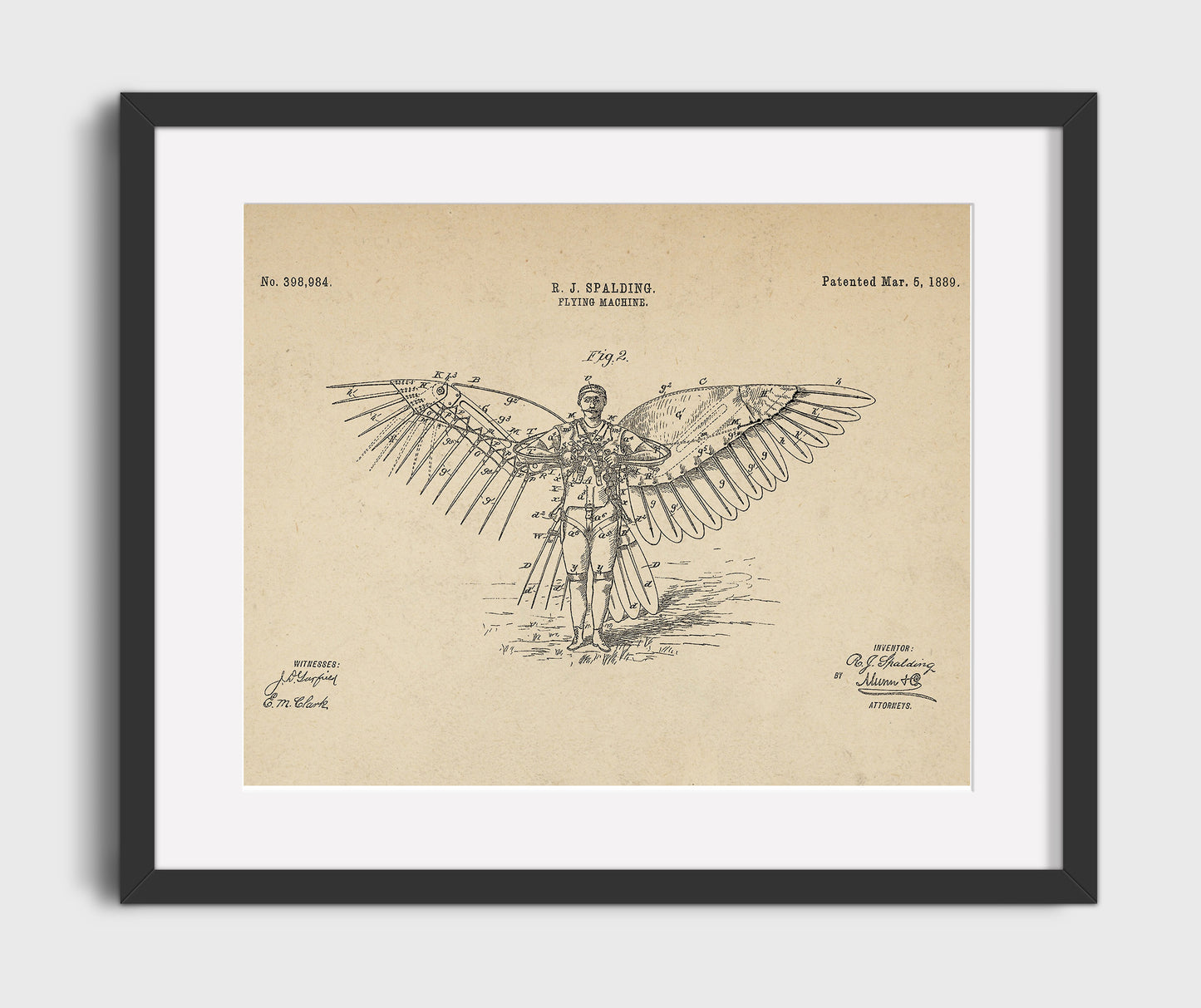 Flying Machine 1889 patent print wall art 16x20 Gallery Frame