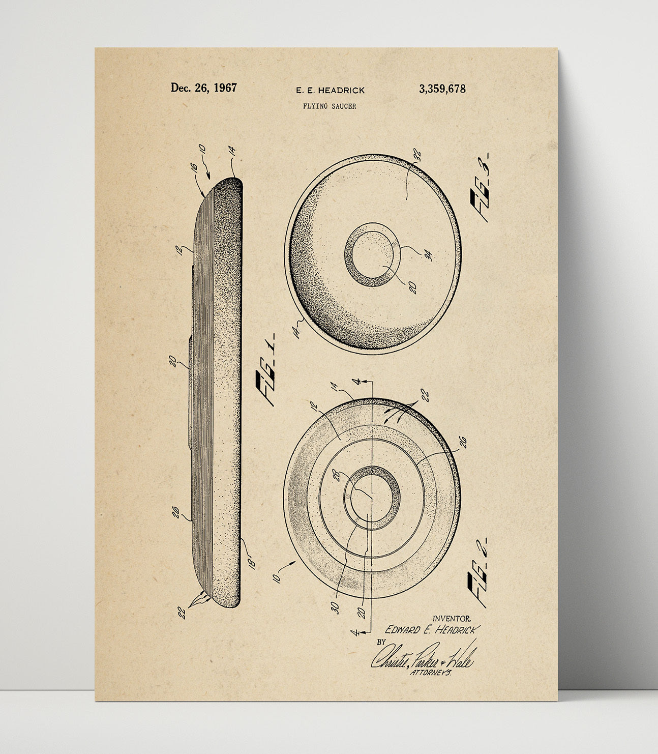 Patent Print - Flying Saucer Frisbee - Edward E Headrick - 1967 - Patent 3359678 Patent Wall Art