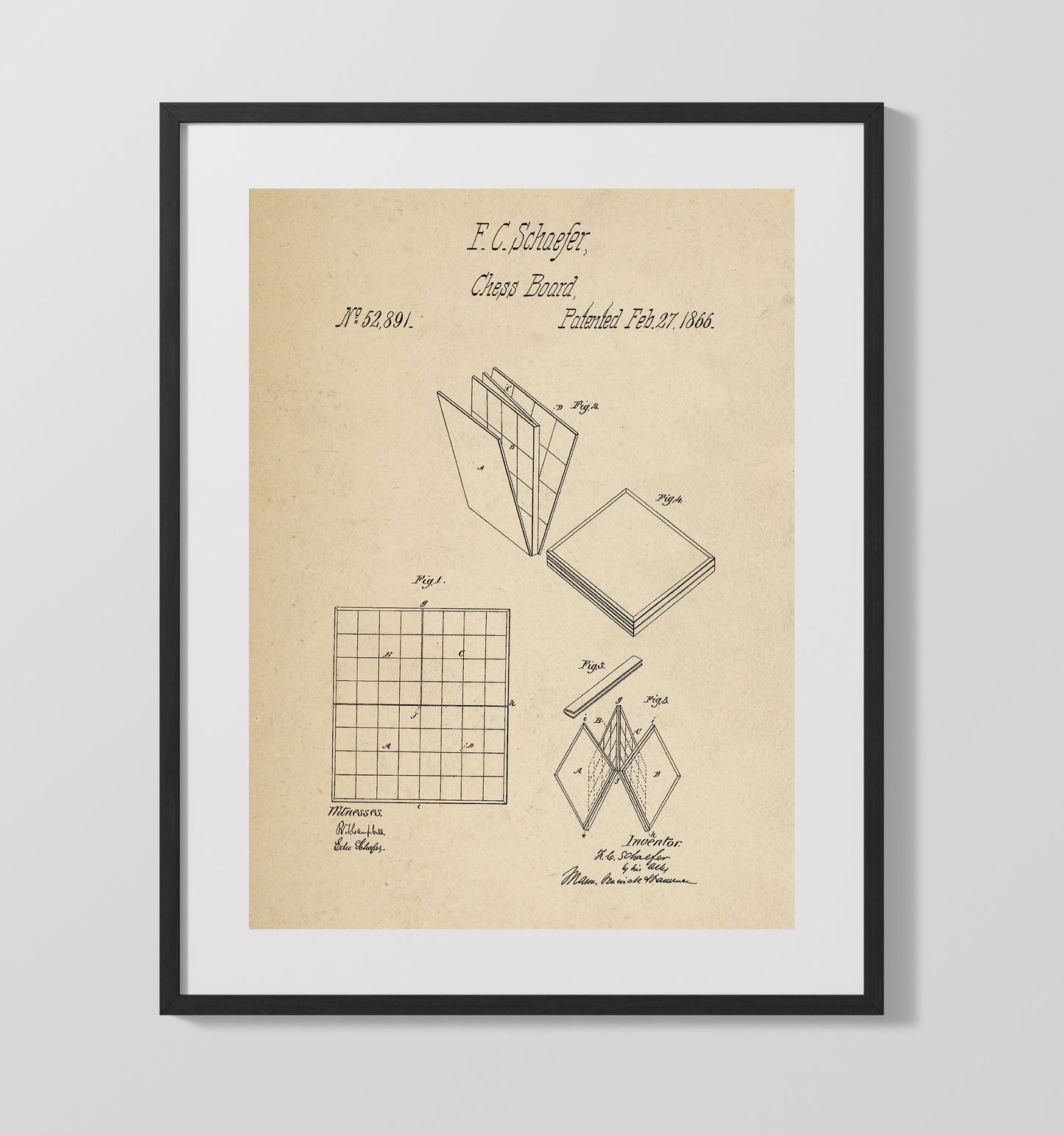 Folding Chess Board 1866 patent print wall art 16x20 Gallery Frame