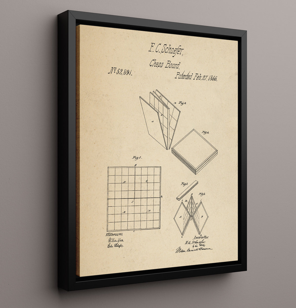 Folding Chess Board - 1866 Patent - 16x20 Framed Canvas