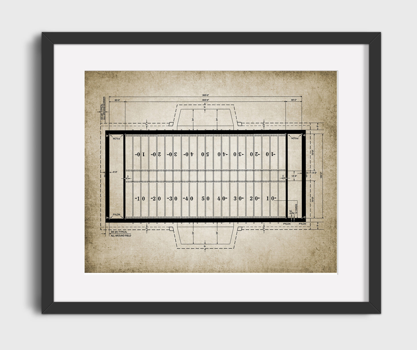 Football Field patent print wall art 16x20 Gallery Frame