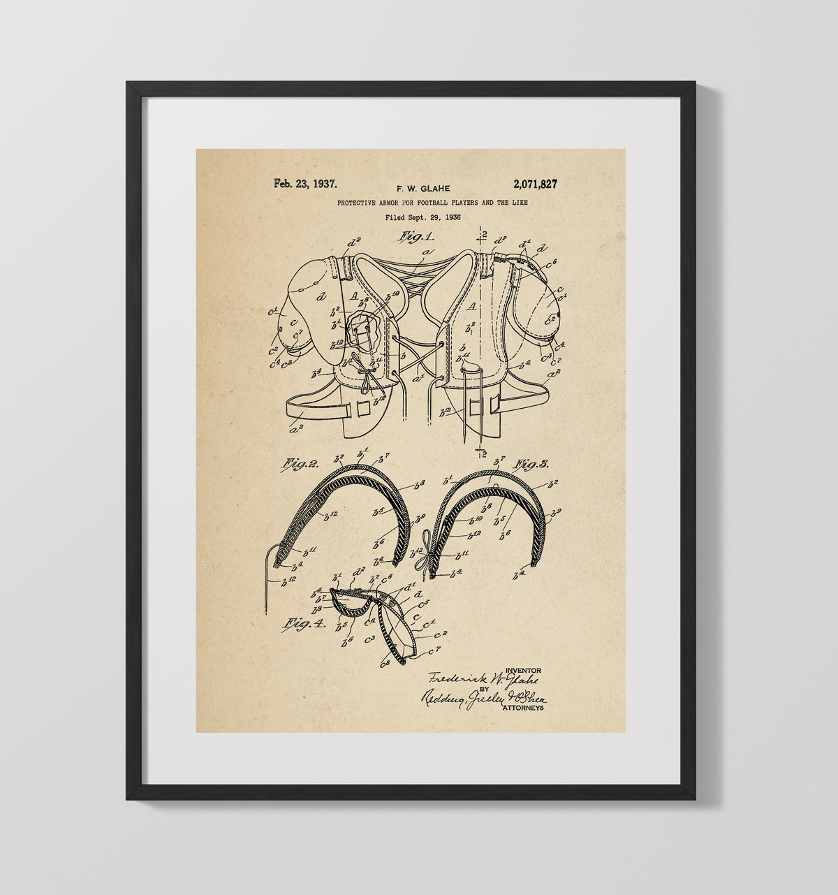 Football Shoulder Pads 1937 patent print wall art 16x20 Gallery Frame