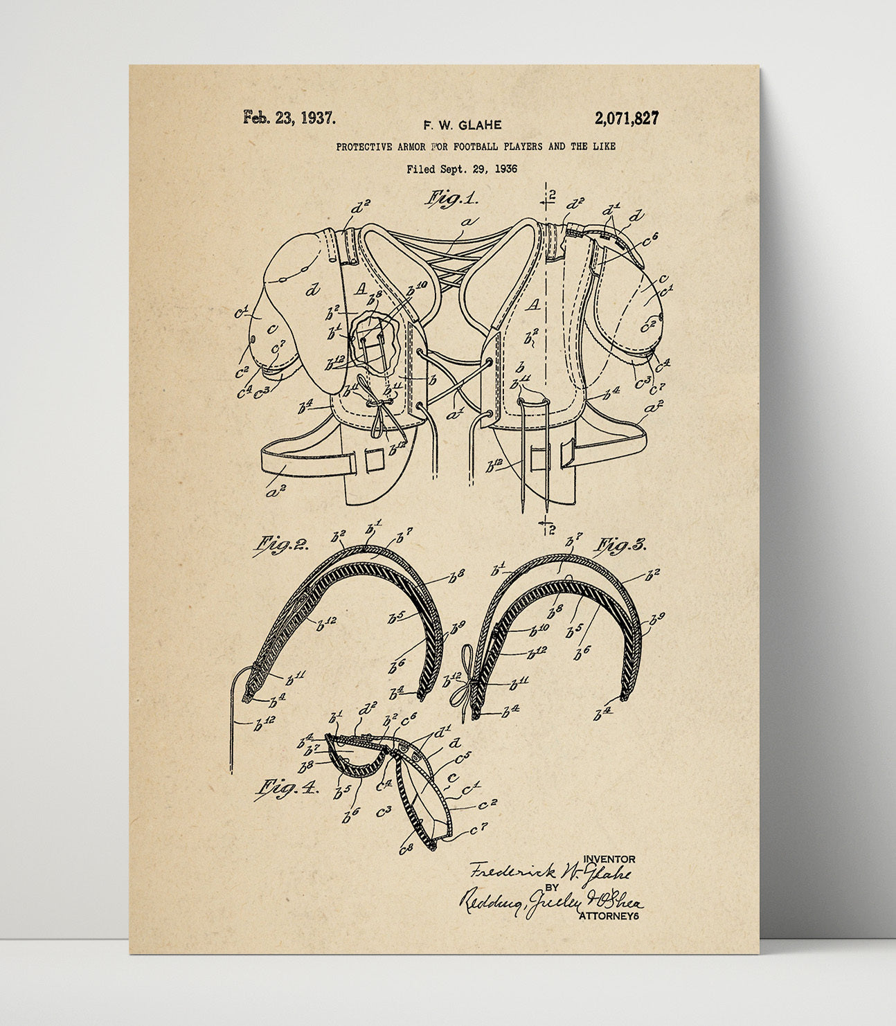 Patent Print - Football Shoulder Pads - F W Glahe - 1937 - Patent 2071827 Patent Wall Art