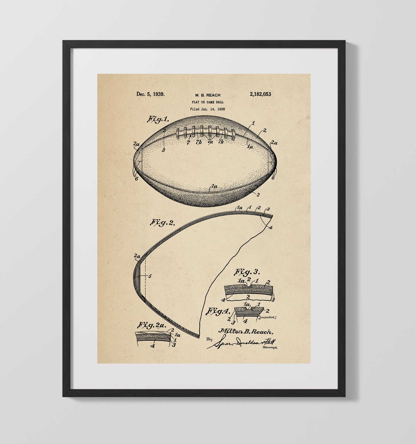 Game Ball 1939 patent print wall art 16x20 Gallery Frame