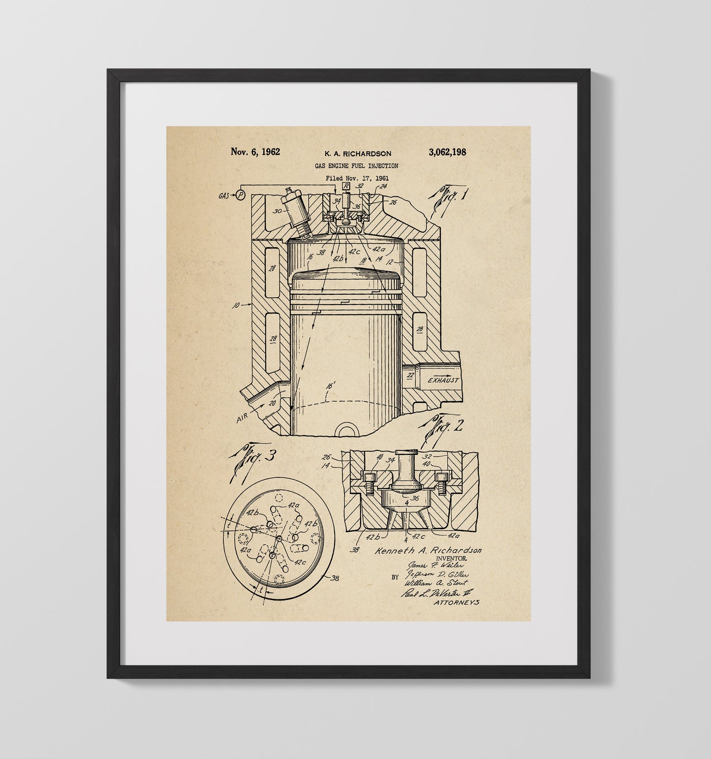 Gas Engine Fuel Injection 1962 patent print wall art 16x20 Gallery Frame