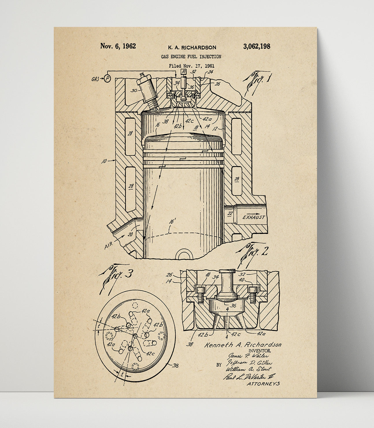 Patent Print - Gas Engine Fuel Injection - Kenneth A Richardson - 1962 - Patent 3062198 Patent Wall Art