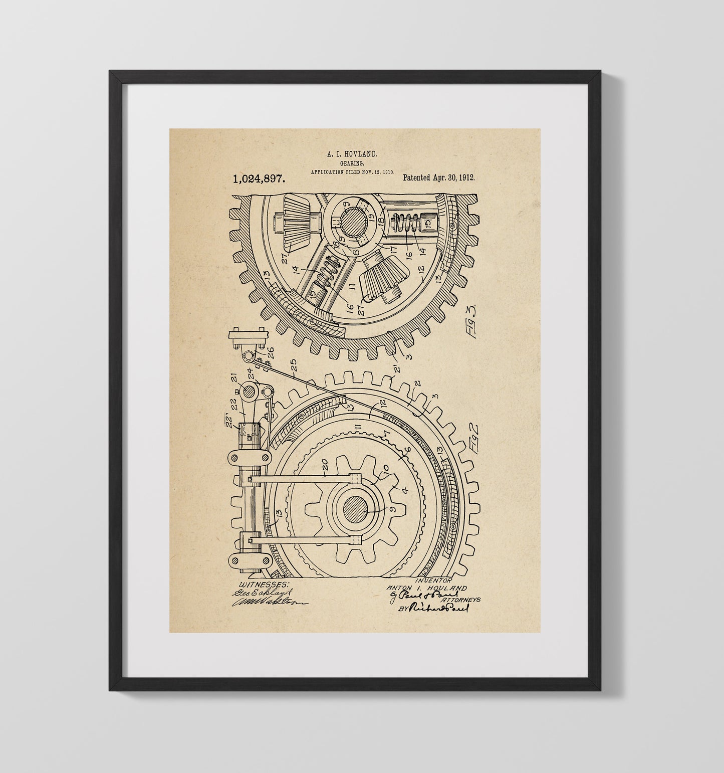 Gear Assembly 1912 patent print wall art 16x20 Gallery Frame