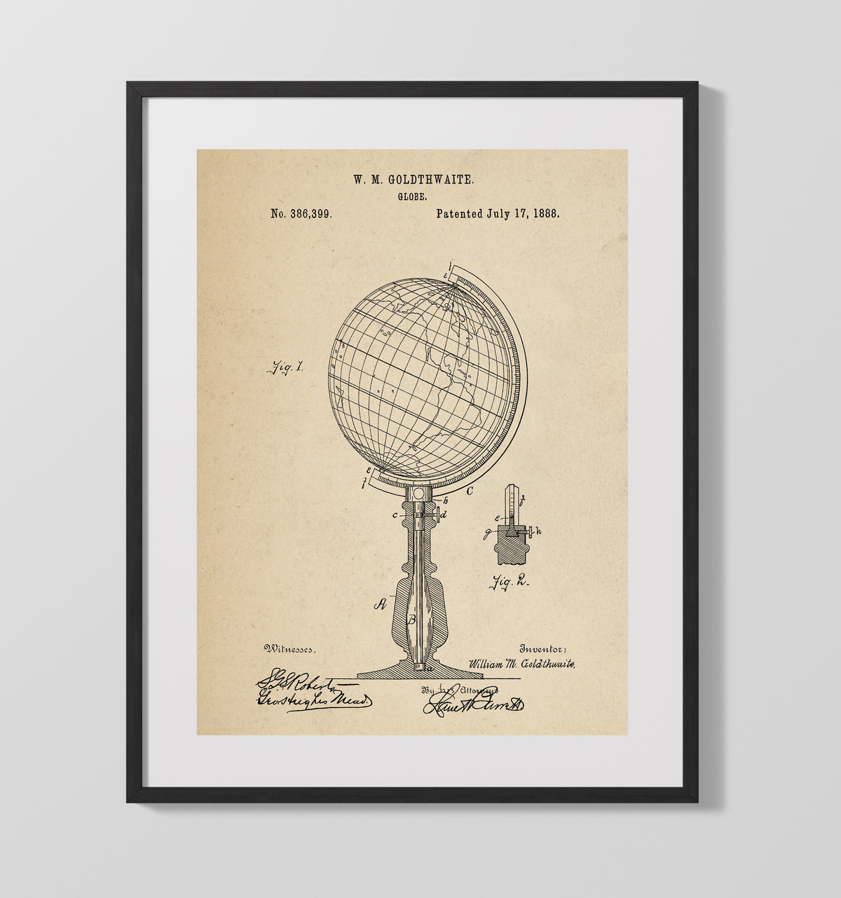 Globe 1888 patent print wall art 16x20 Gallery Frame