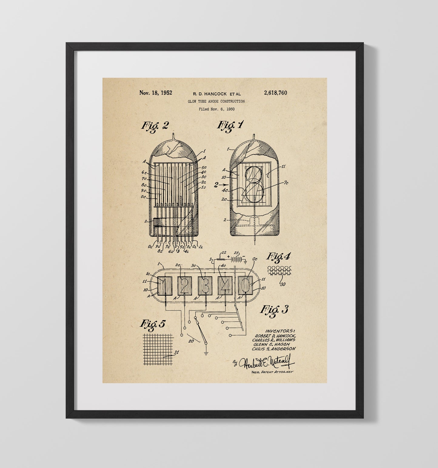 Glow Tube Anode Construction 1952 patent print wall art 16x20 Gallery Frame