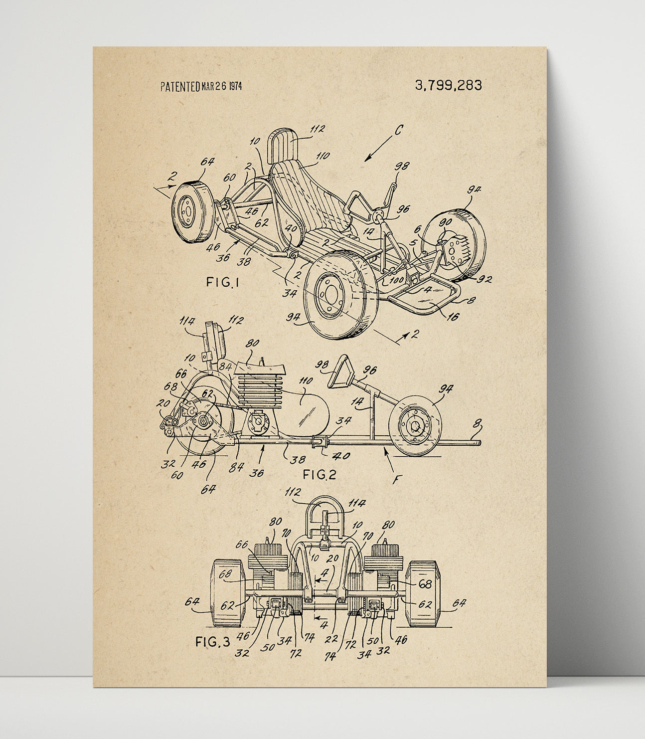 Patent Print - Go-Kart - Unknown Inventor - 1974 - Patent 3799283 Patent Wall Art