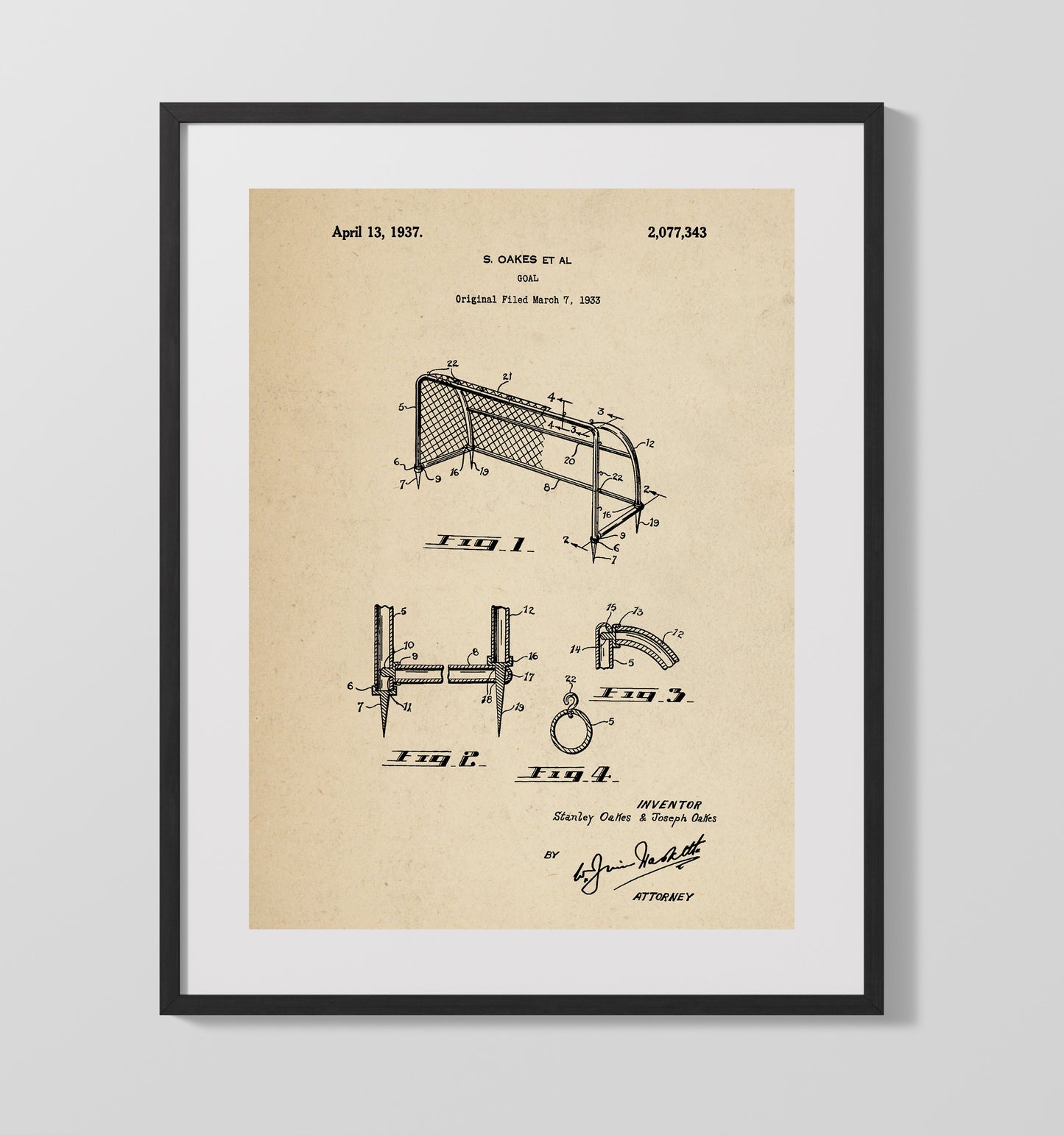 Goal 1937 patent print wall art 16x20 Gallery Frame