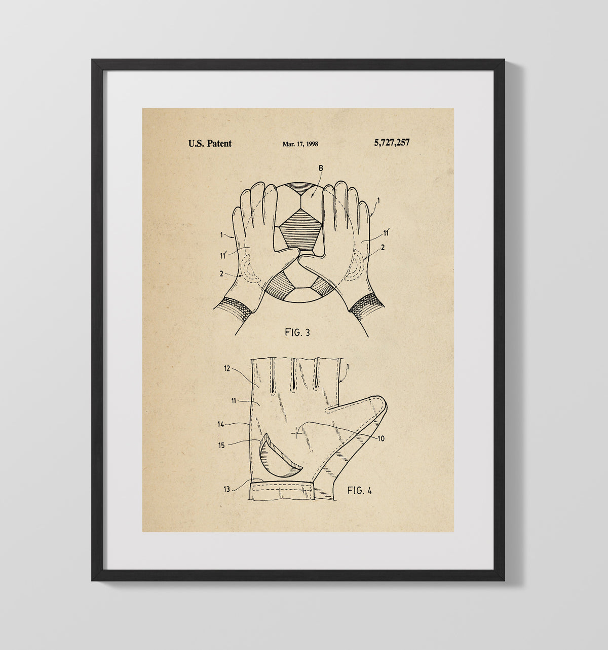 Goalkeeper Gloves 1998 patent print wall art 16x20 Gallery Frame