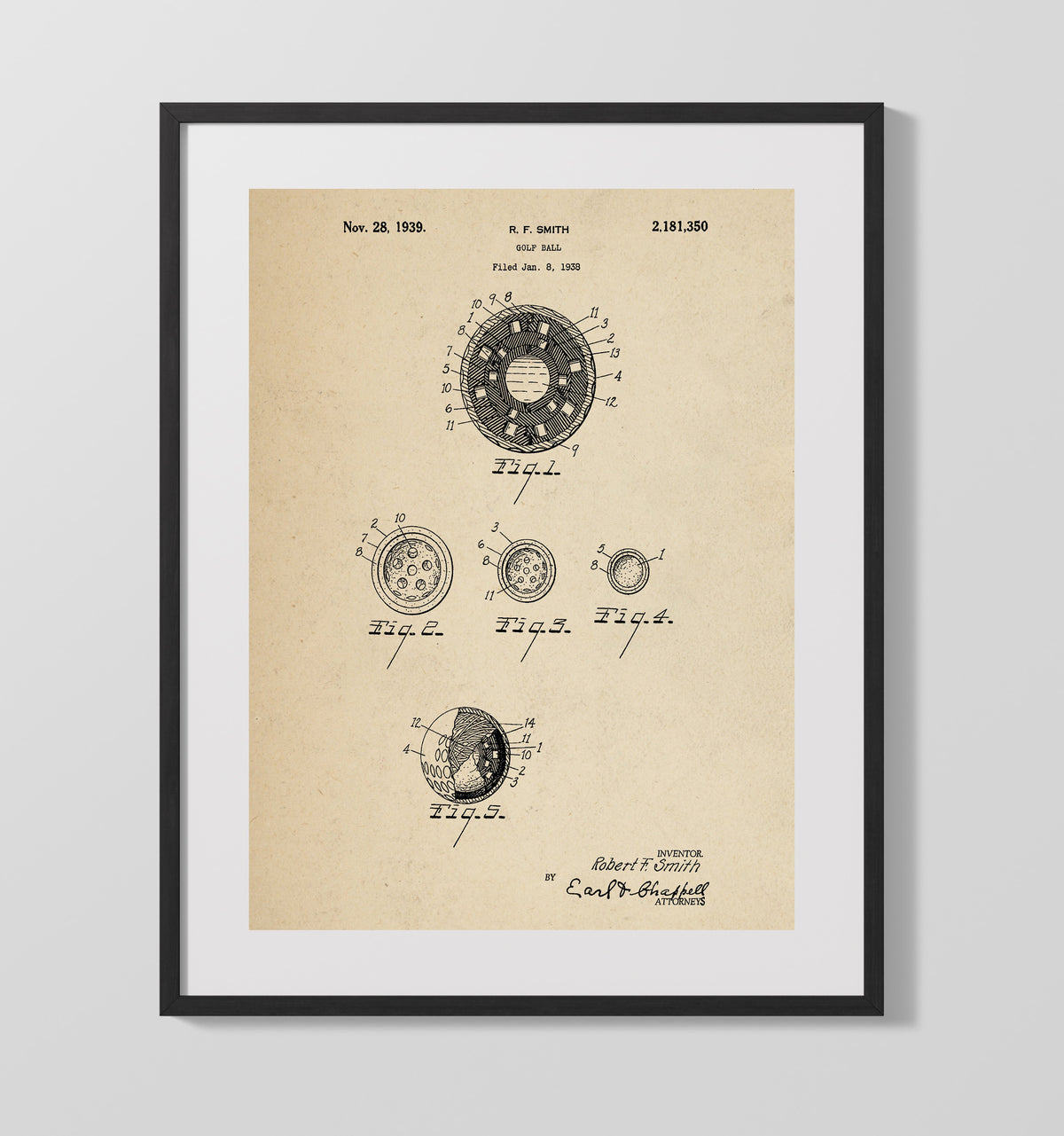 Golf Ball 1939 patent print wall art 16x20 Gallery Frame
