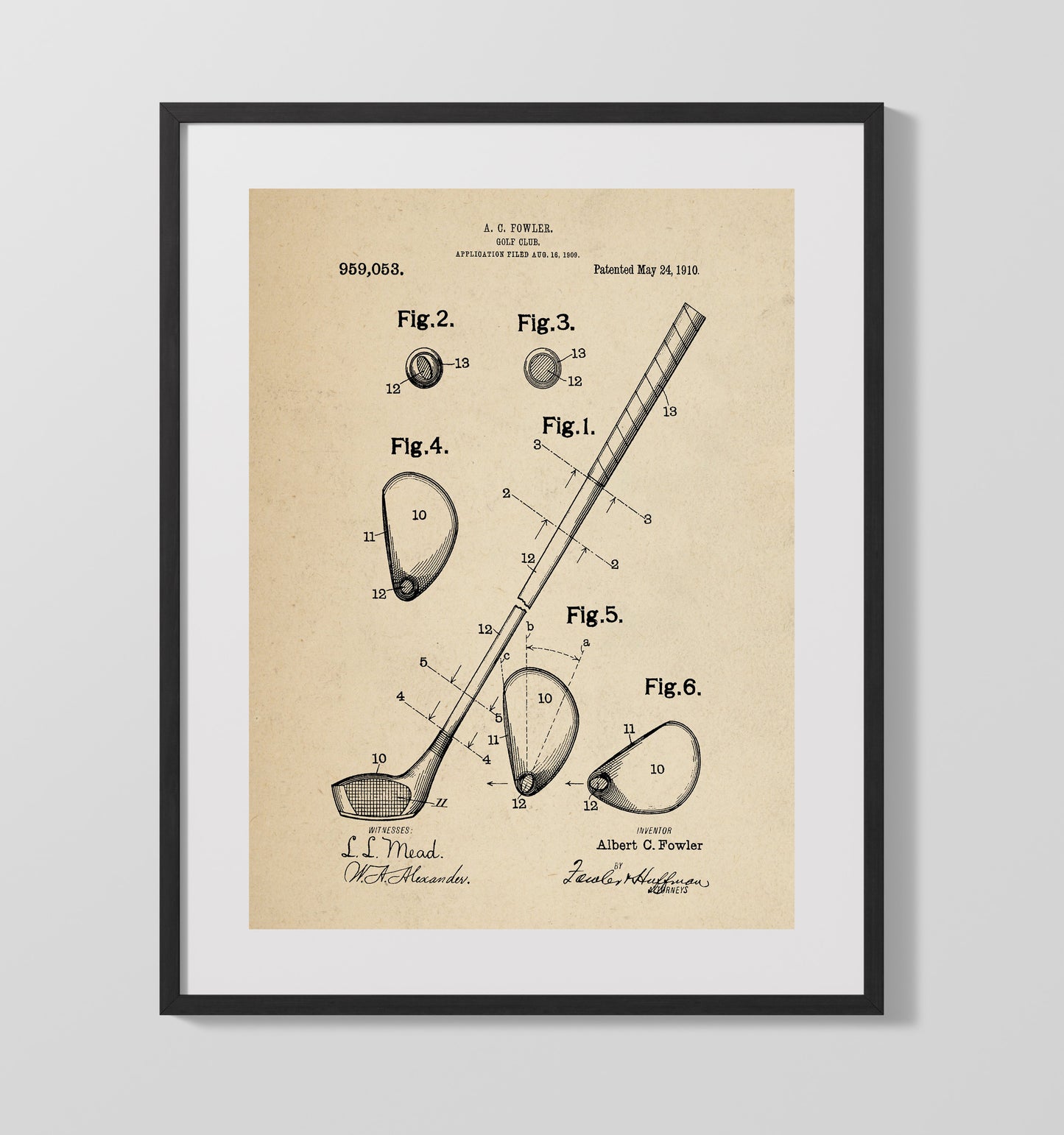 Golf Club 1910 patent print wall art 16x20 Gallery Frame