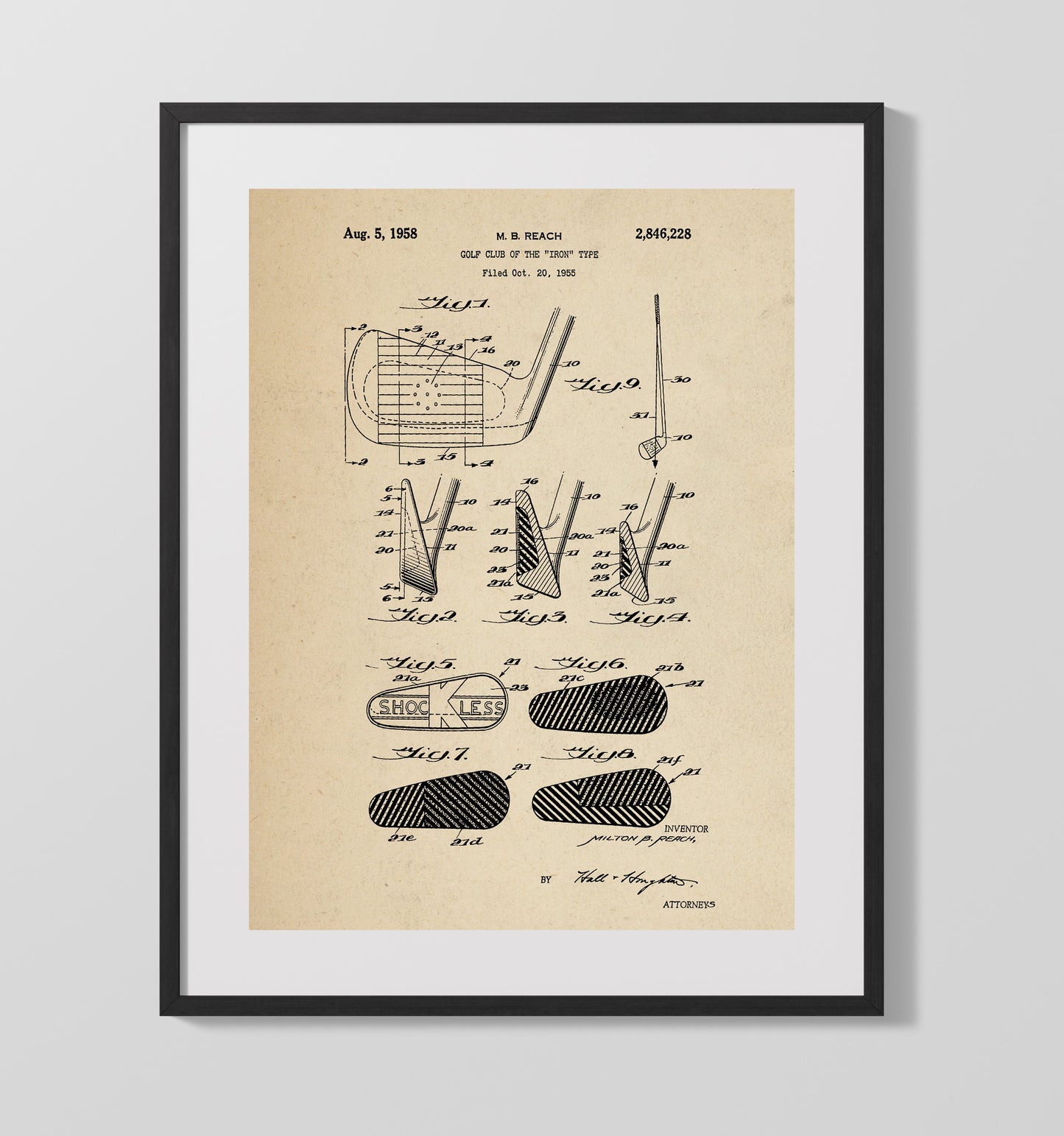 Golf Club Iron Type 1958 patent print wall art 16x20 Gallery Frame