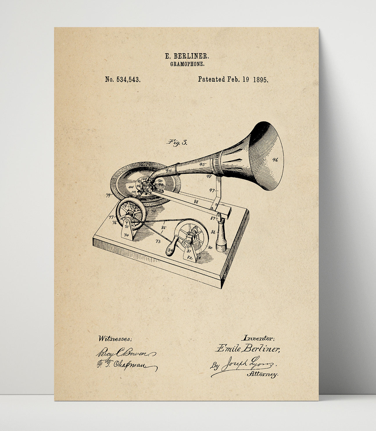 Patent Print - Gramophone - Emile Berliner - 1895 - Patent 534543 Patent Wall Art