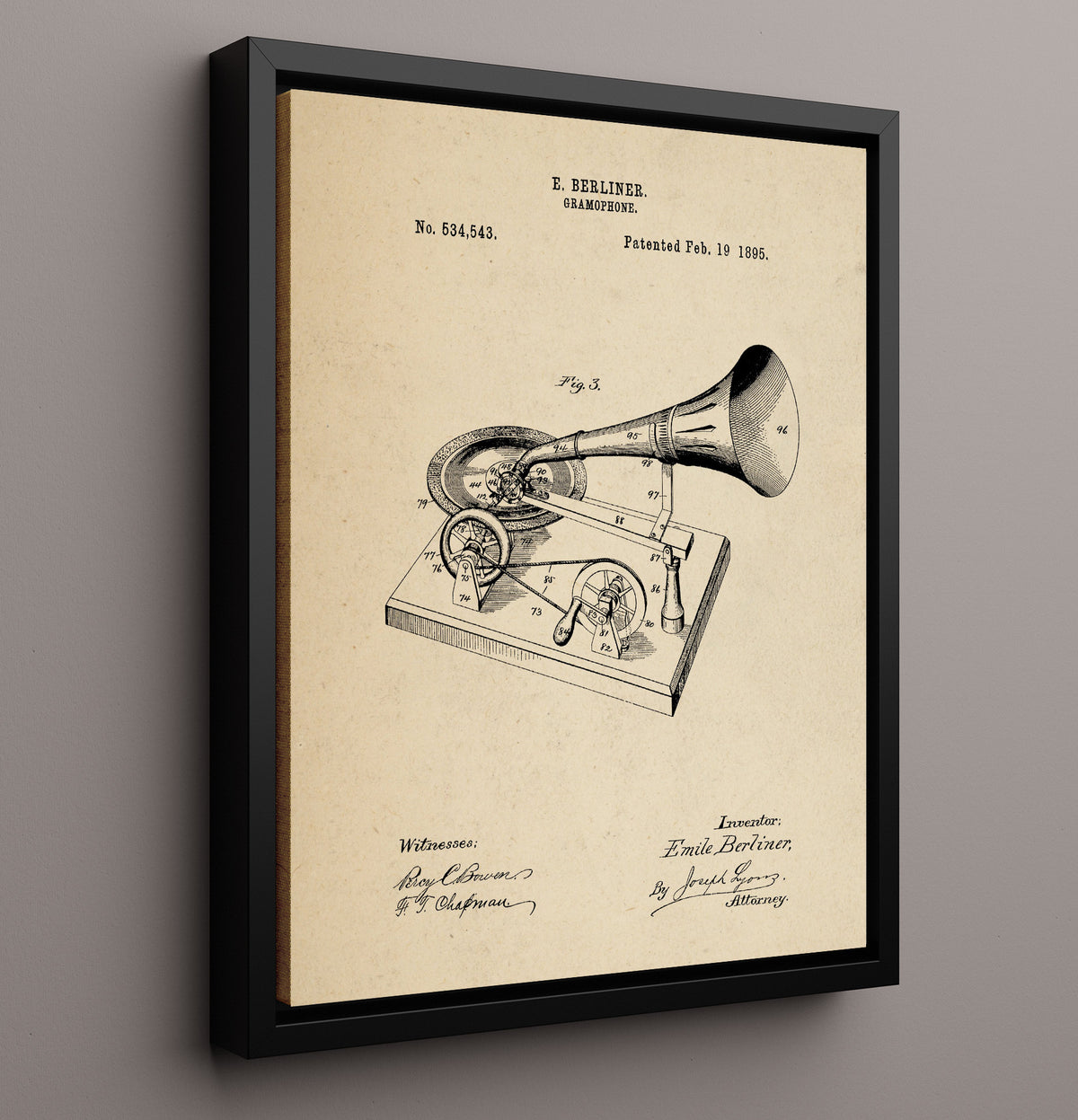 Gramophone - 1895 Patent - 16x20 Framed Canvas