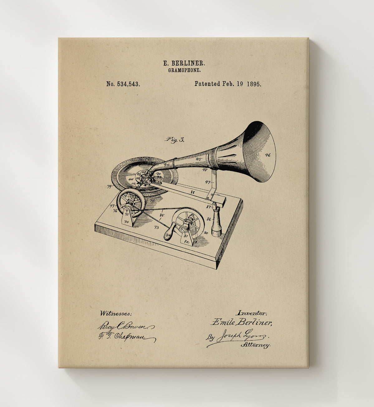 Gramophone - 1895 Patent - 20x24 Canvas