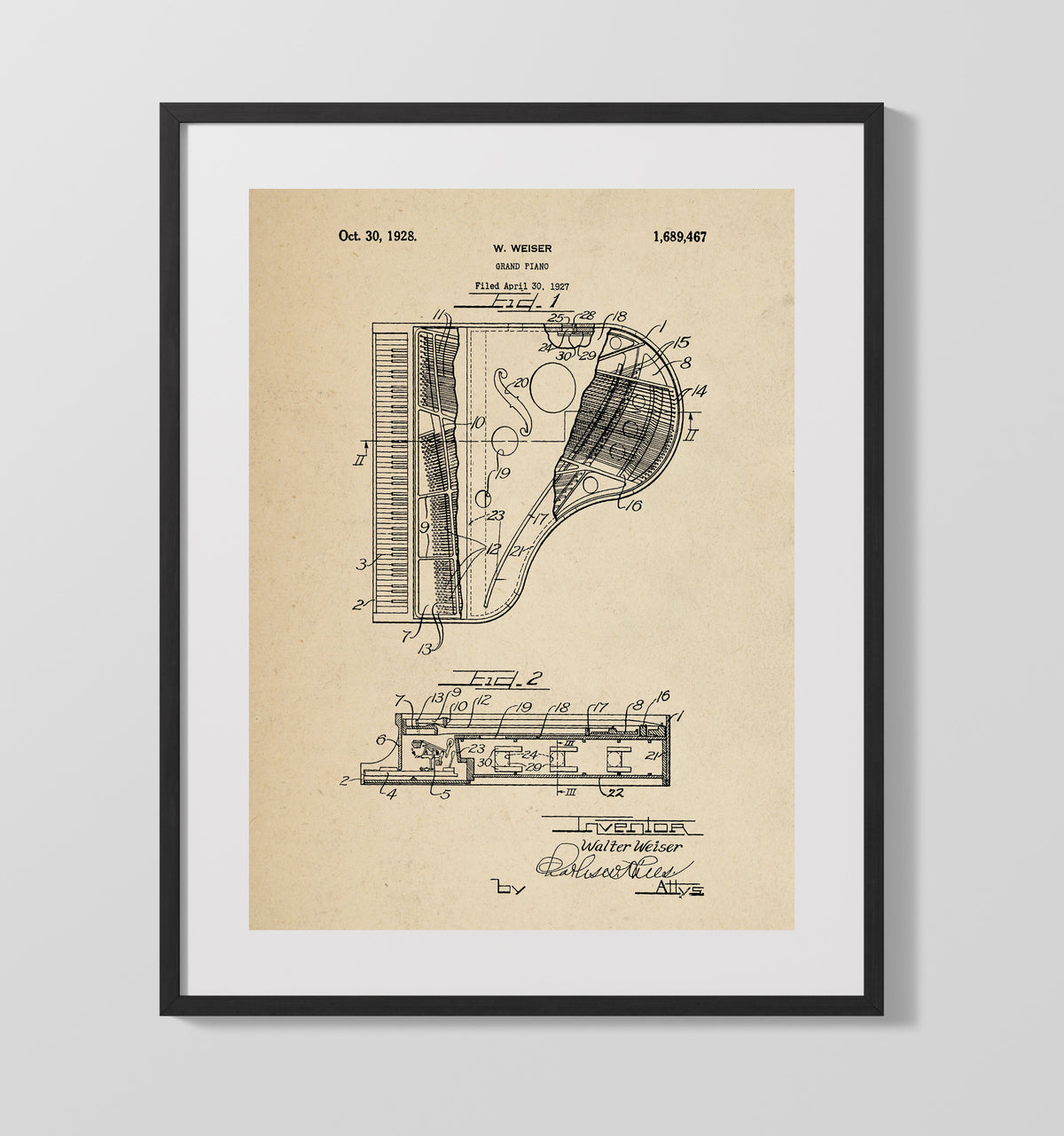 Grand Piano 1928 patent print wall art 16x20 Gallery Frame