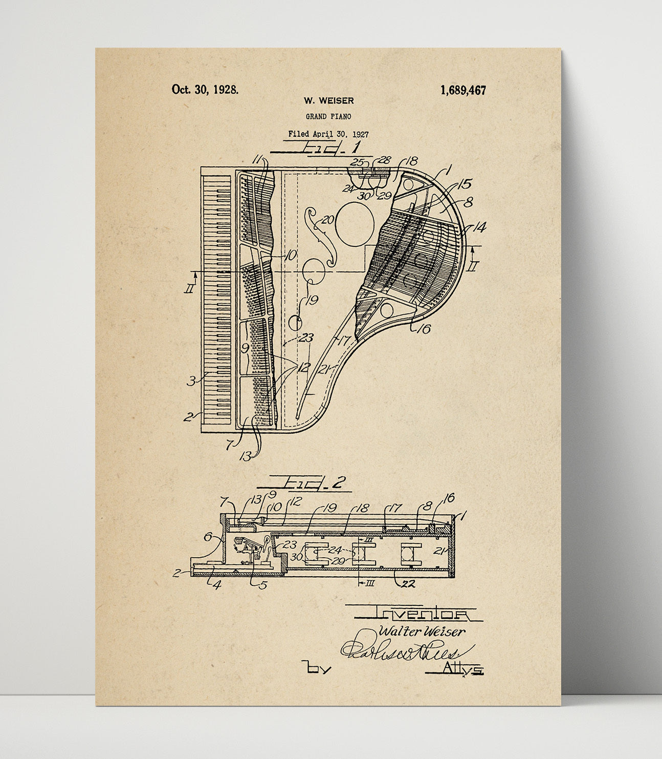 Patent Print - Grand Piano - Walter Weiser - 1928 - Patent 1689467 Patent Wall Art