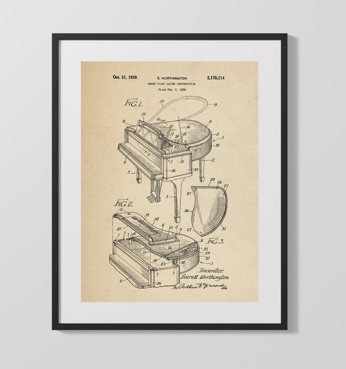 Grand Piano Casing 1939 patent print wall art 16x20 Gallery Frame