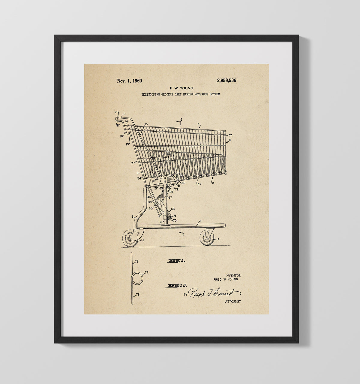 Grocery Cart 1960 patent print wall art 16x20 Gallery Frame