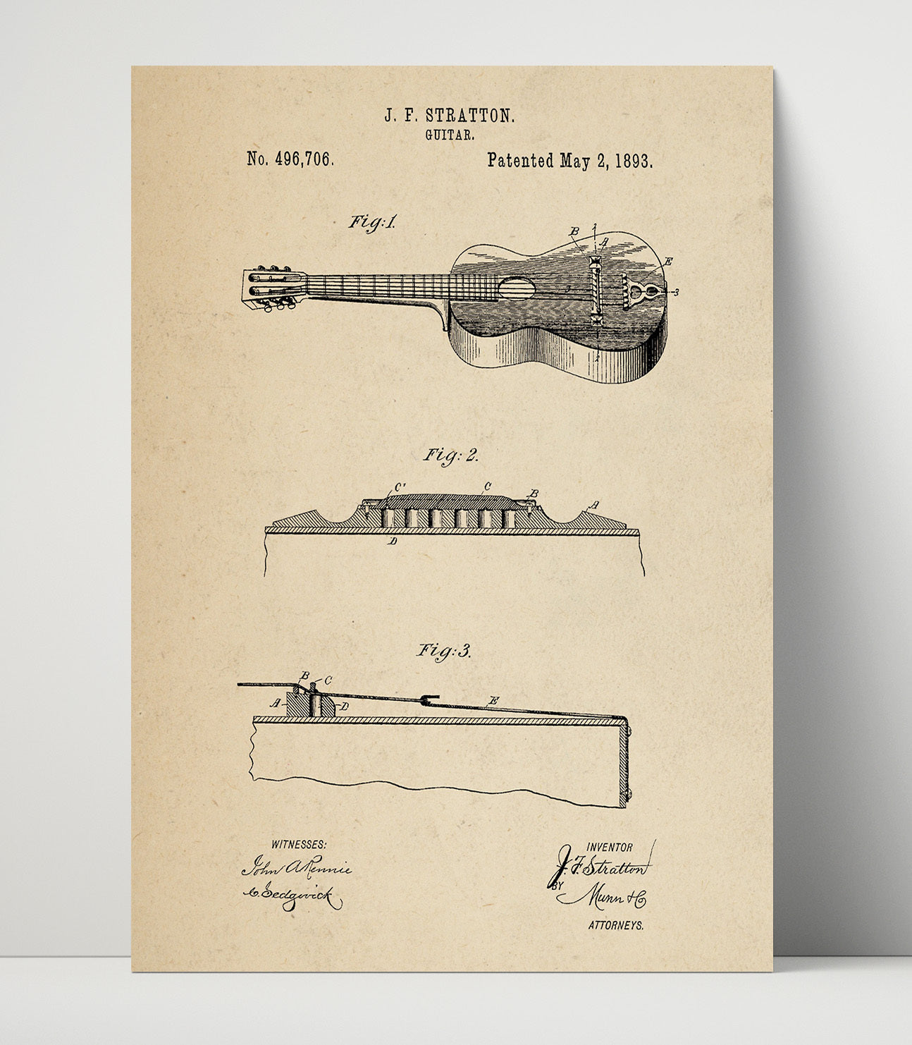 Patent Print - Guitar - J. F. Stratton - 1893 - Patent 496706 Patent Wall Art