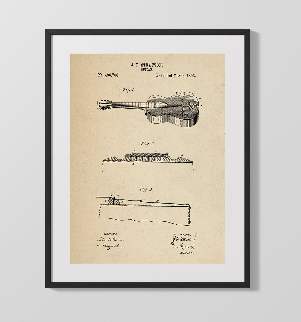 Guitar 1893 patent print wall art 16x20 Gallery Frame