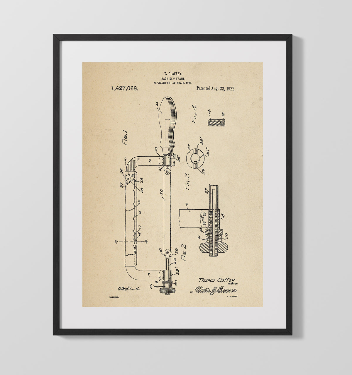 Hack Saw Frame 1922 patent print wall art 16x20 Gallery Frame