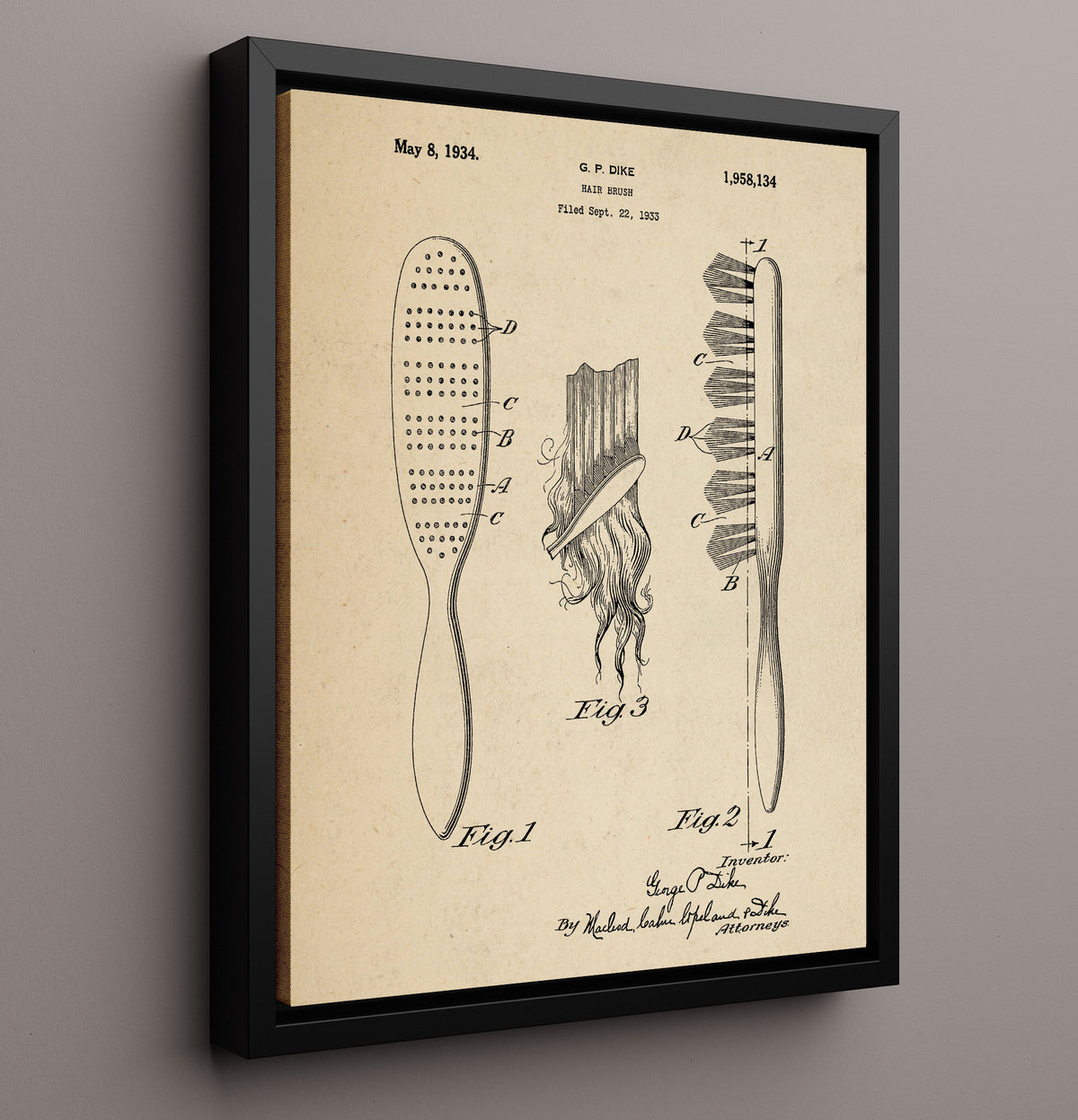 Hair Brush by G. P. Dike - 1934 Patent - 16x20 Framed Canvas
