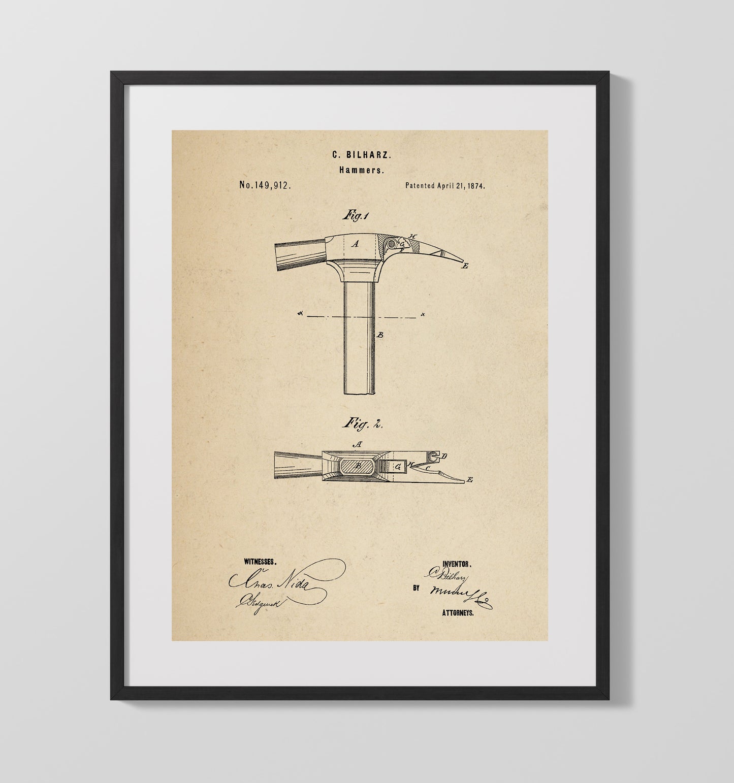 Hammer 1874 patent print wall art 16x20 Gallery Frame
