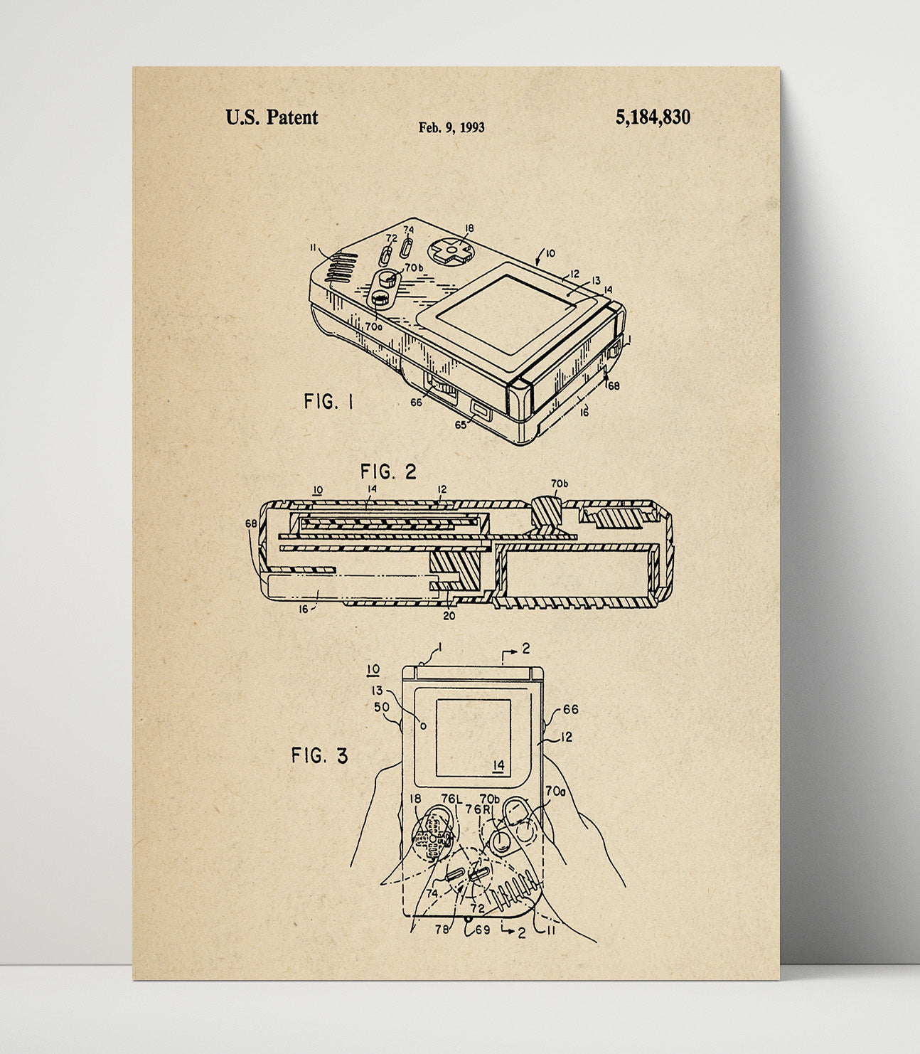 Patent Print - Handheld Electronic Game Device - Unknown Inventor - 1993 - Patent 5184830 Patent Wall Art