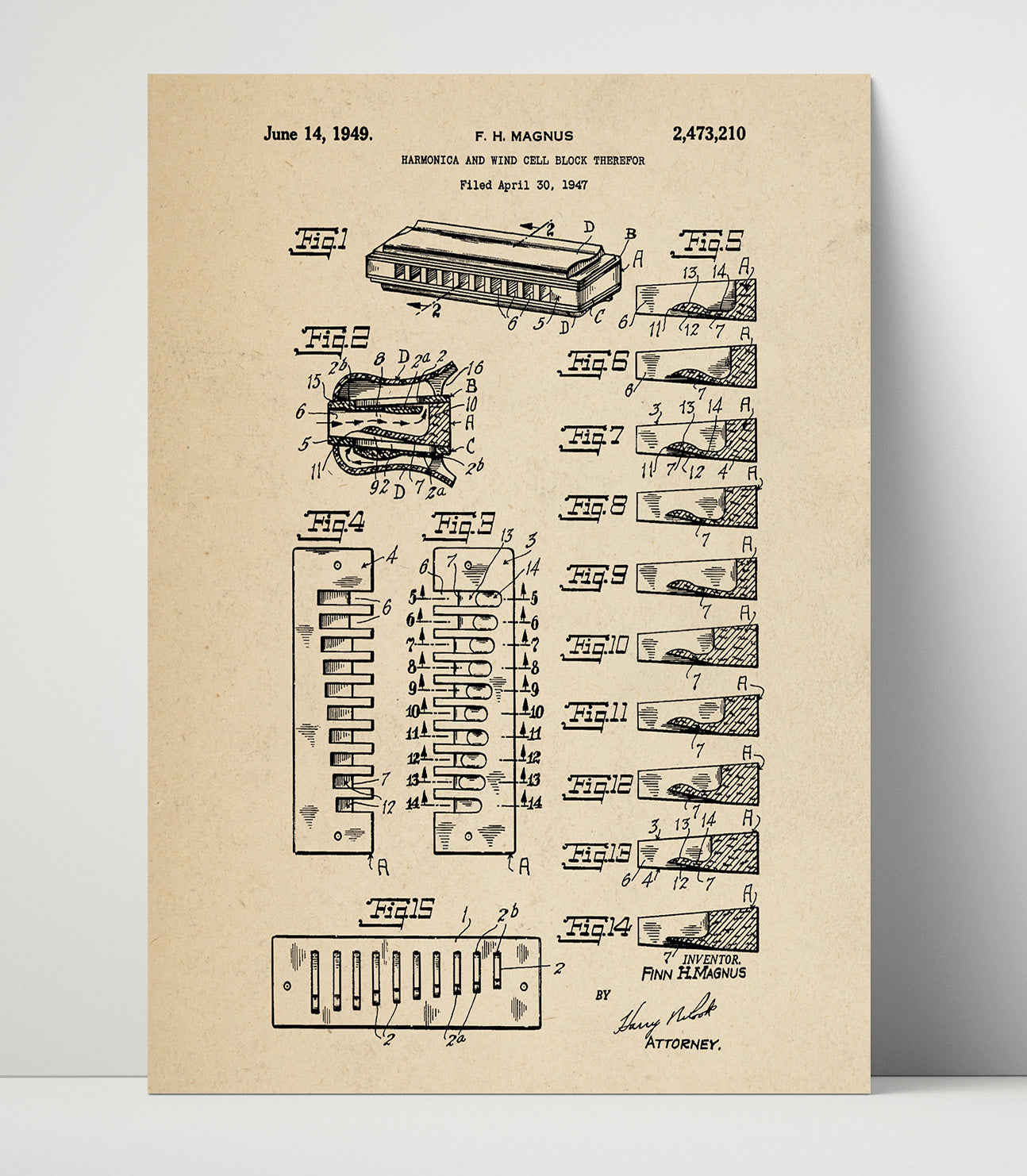 Patent Print - Harmonica And Wind Cell Block Therefor - F. H. Magnus - 1949 - Patent 2473210 Patent Wall Art