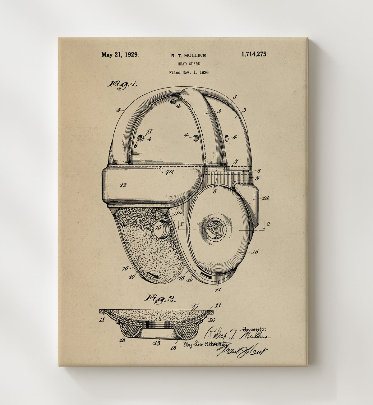 Head Guard - 1929 Patent - 20x24 Canvas
